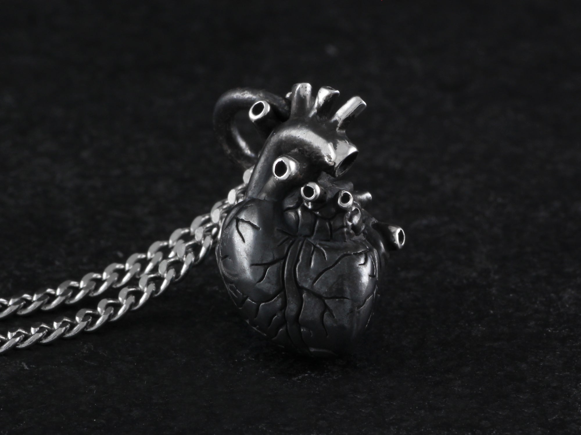 Sterling Silver Black Anatomical Heart Necklace - Small