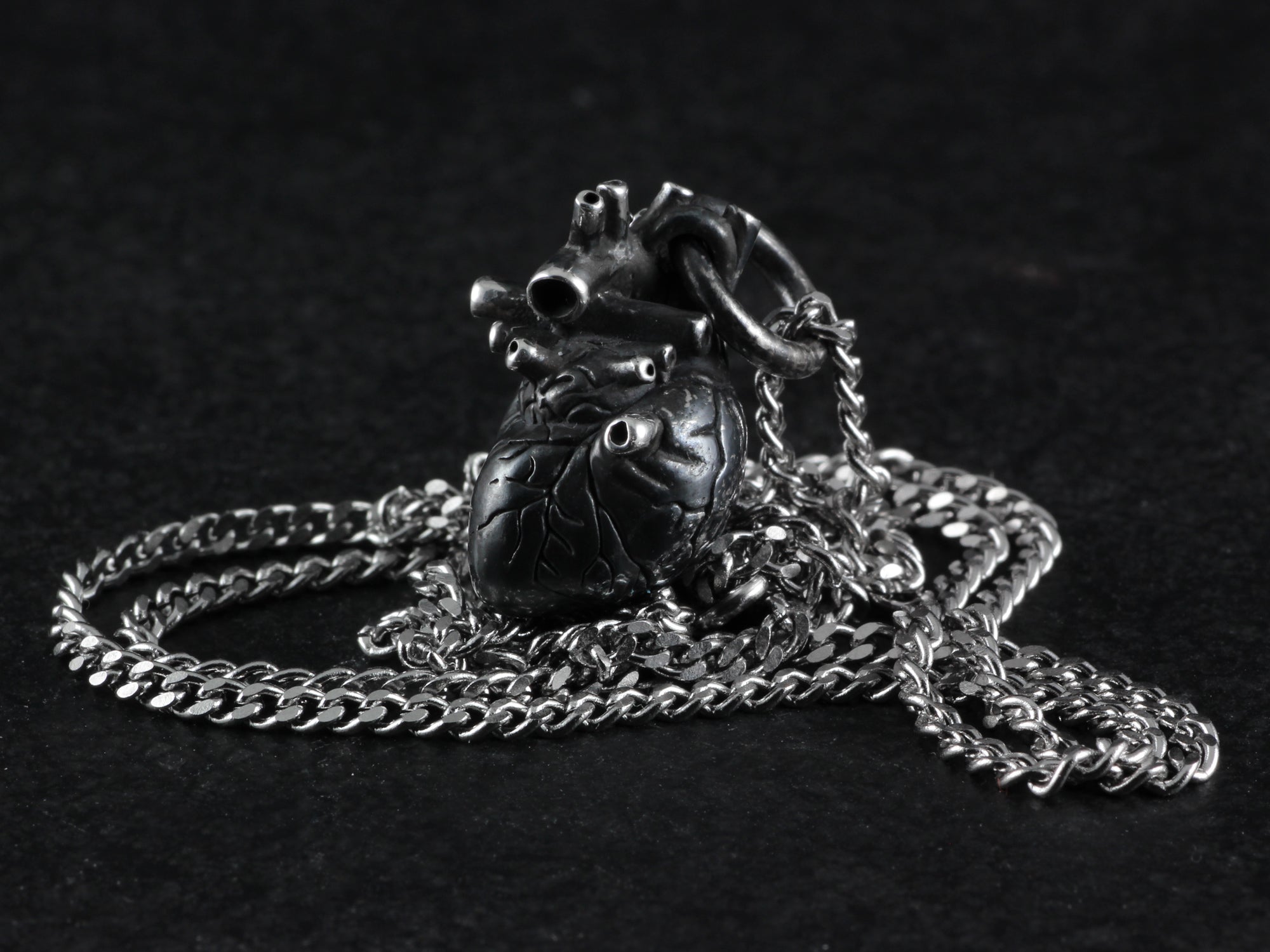 Sterling Silver Black Anatomical Heart Necklace - Small