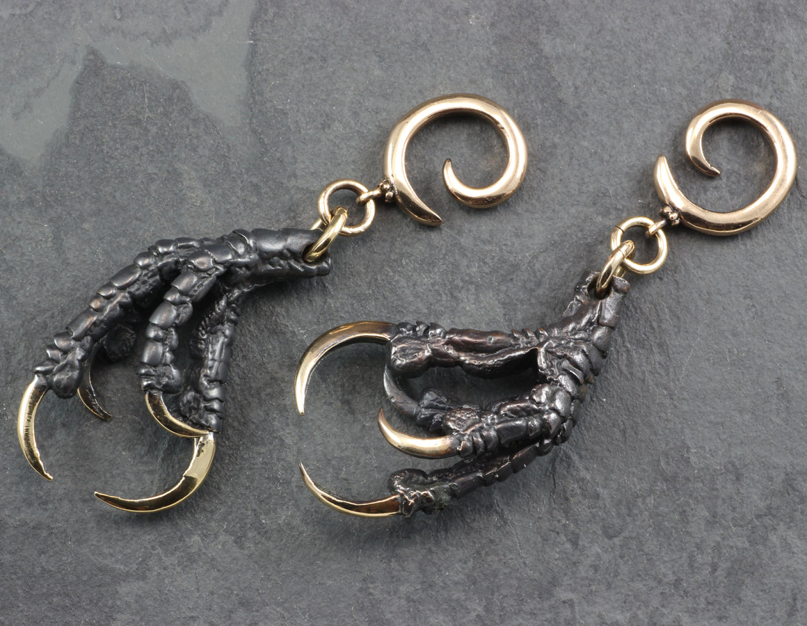 Black Crow Claw Gauged Spiral Earrings - Bronze