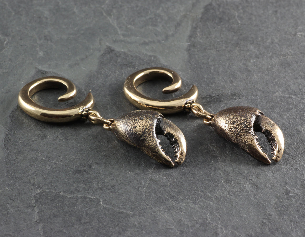 Crab Claw Gauged Spiral Earrings - Bronze