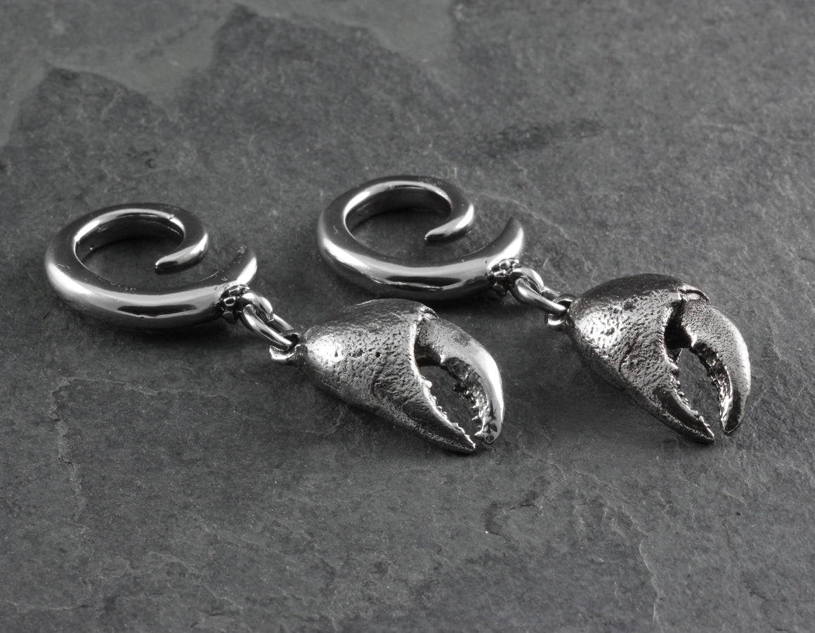 Crab Claw Gauged Spiral Earrings - Silver