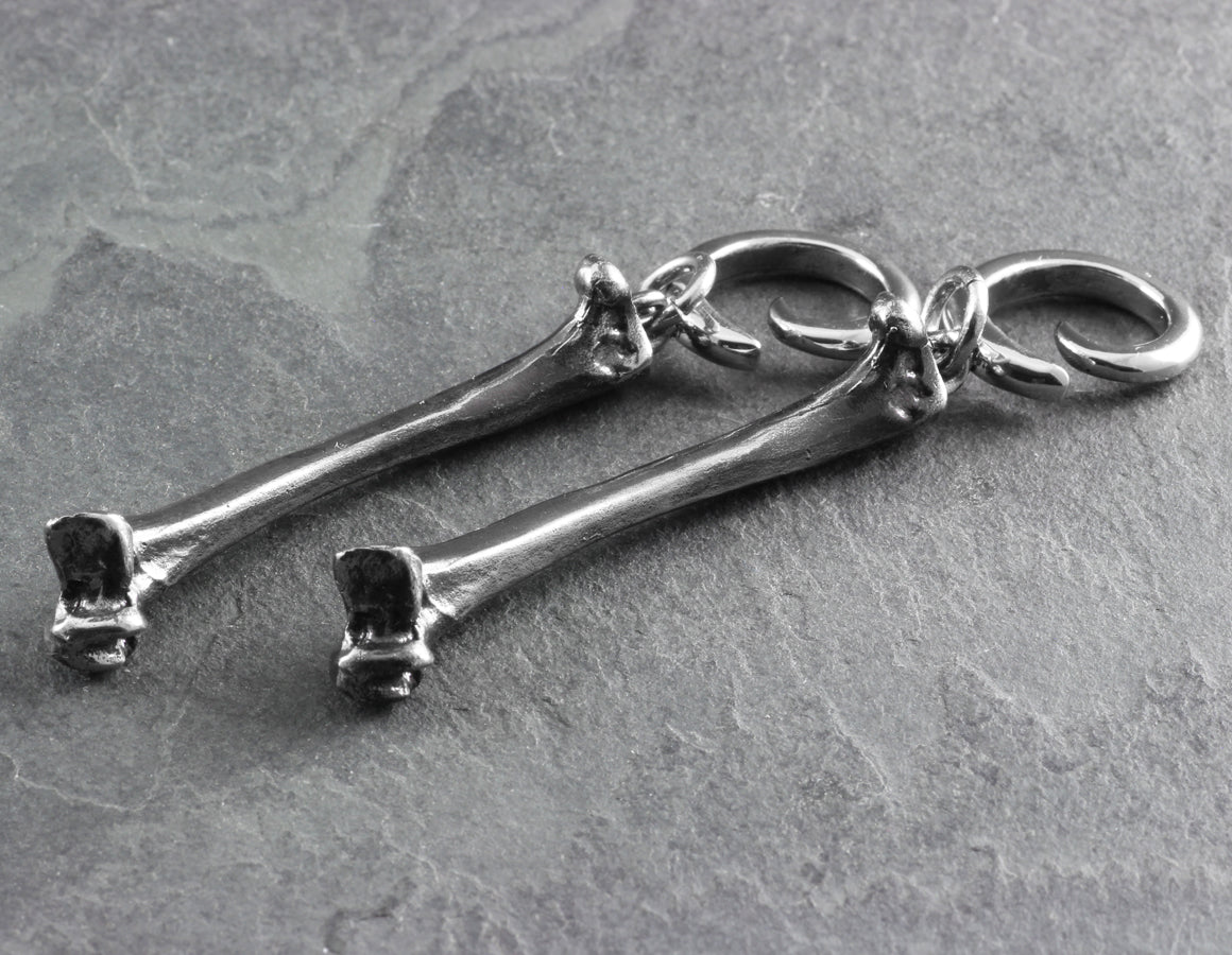 Raven Femur Bone Gauged Spiral Earrings - Silver