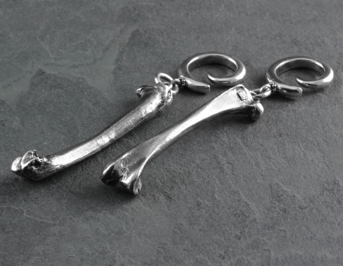 Raven Femur Bone Gauged Spiral Earrings - Silver