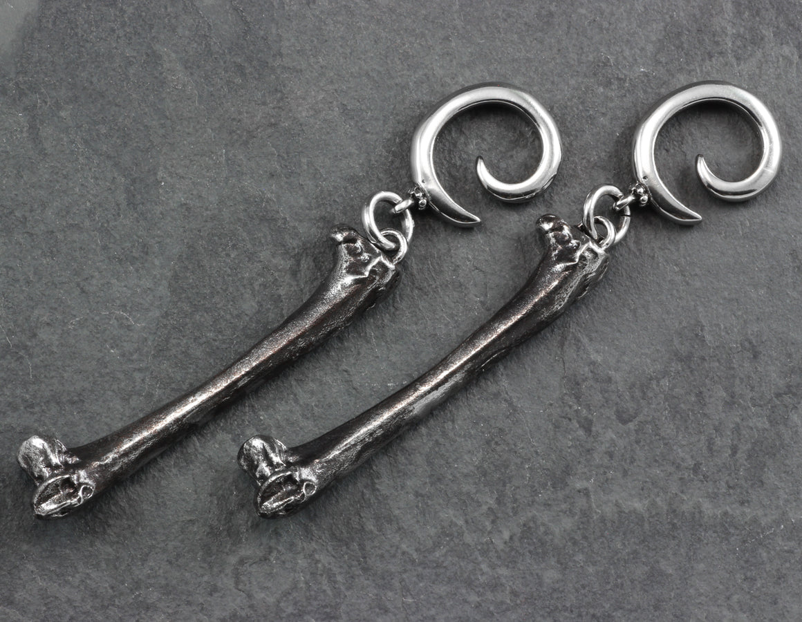 Raven Femur Bone Gauged Spiral Earrings - Silver