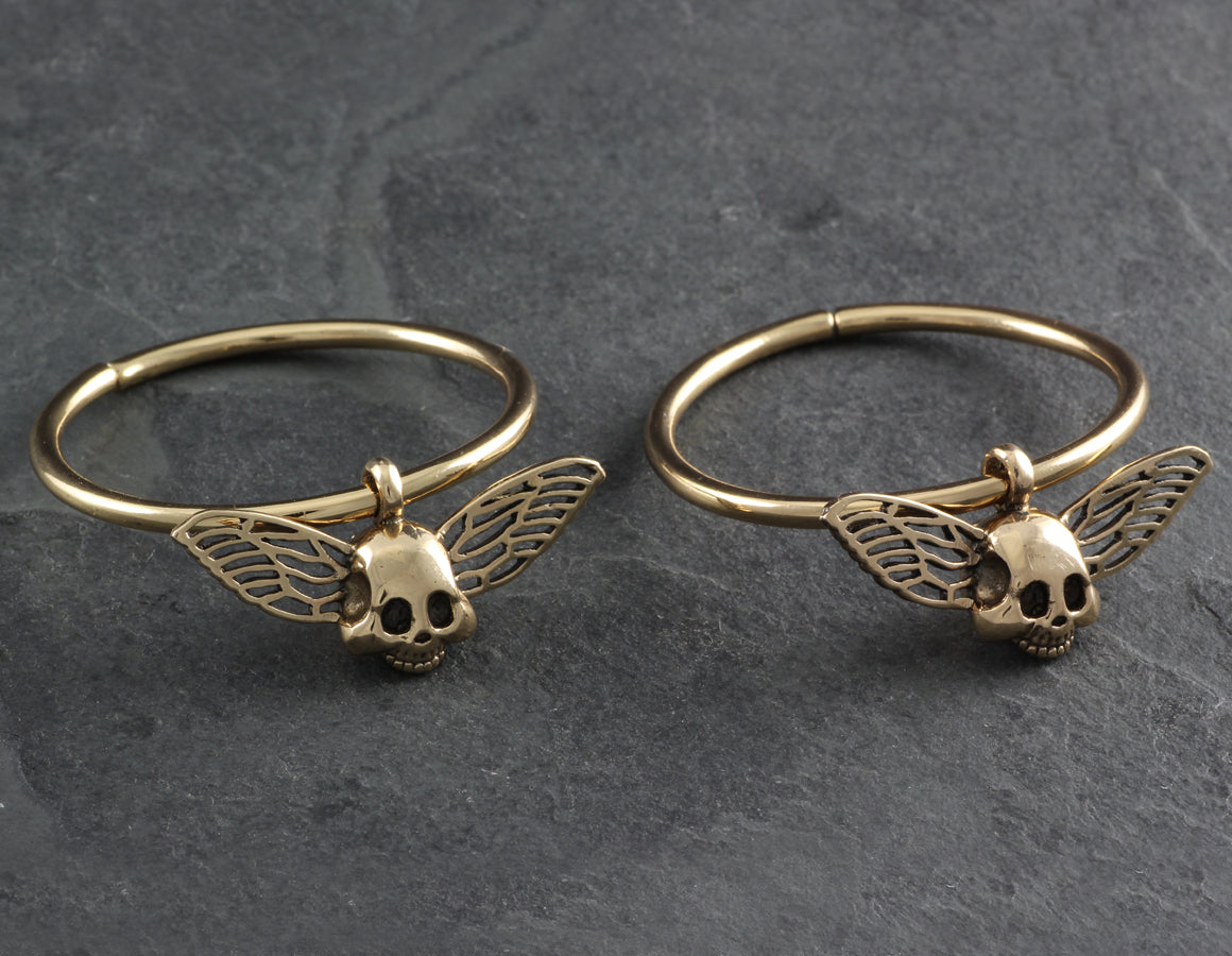 Flying Skull Gauged Hoop Earrings - Bronze