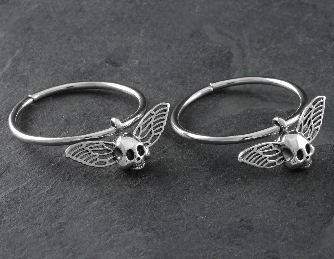 Flying Skull Gauged Hoop Earrings - Silver