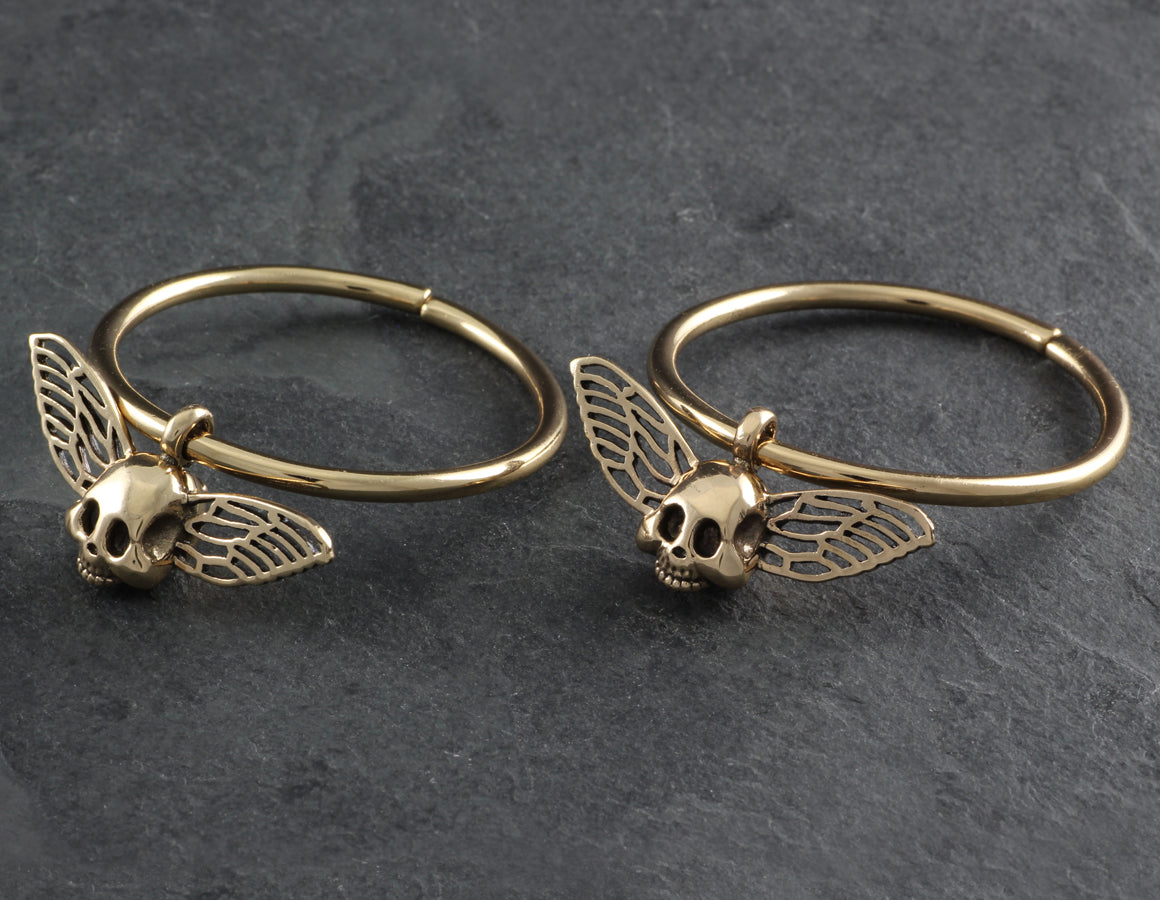 Flying Skull Gauged Hoop Earrings - Bronze