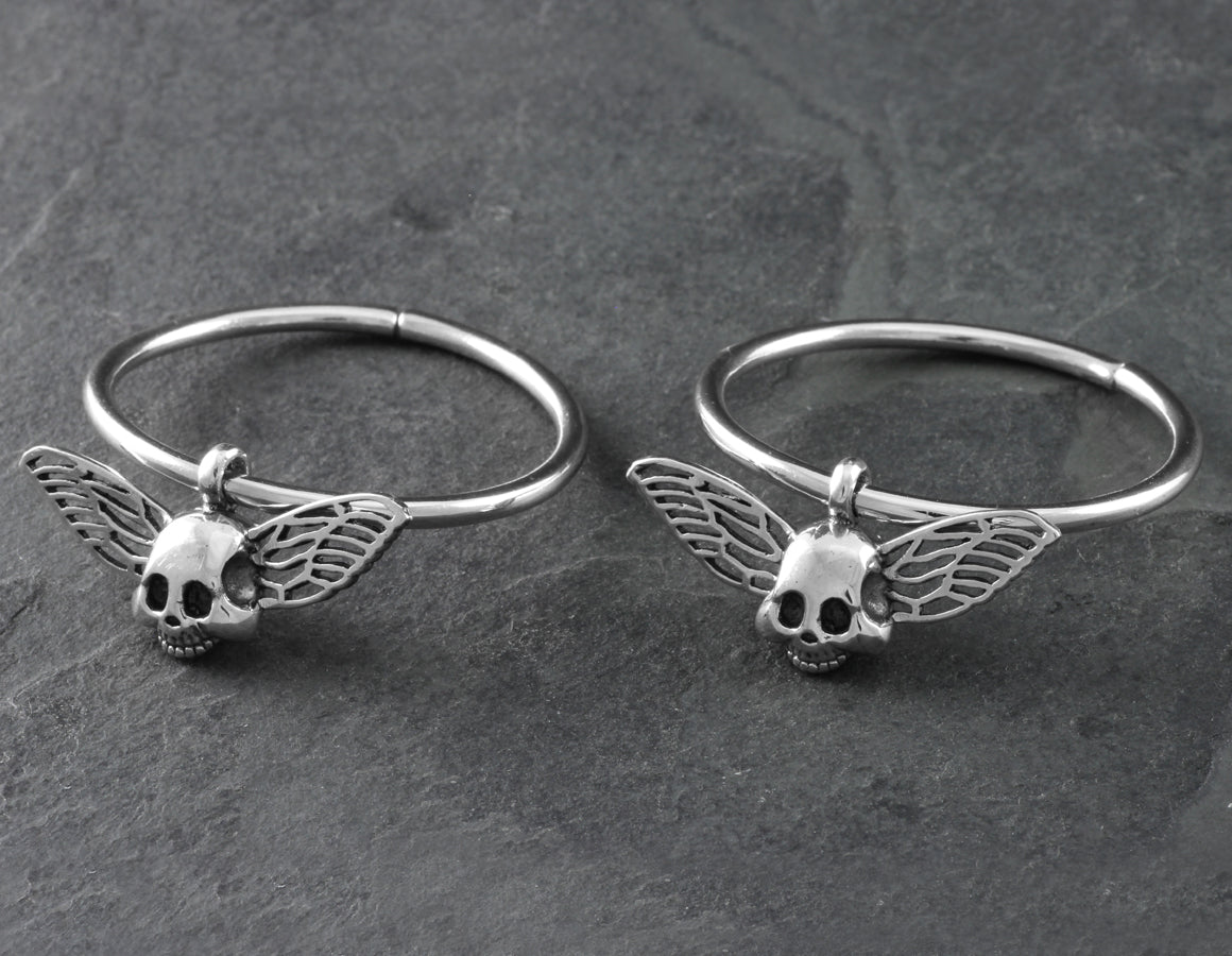 Flying Skull Gauged Hoop Earrings - Silver