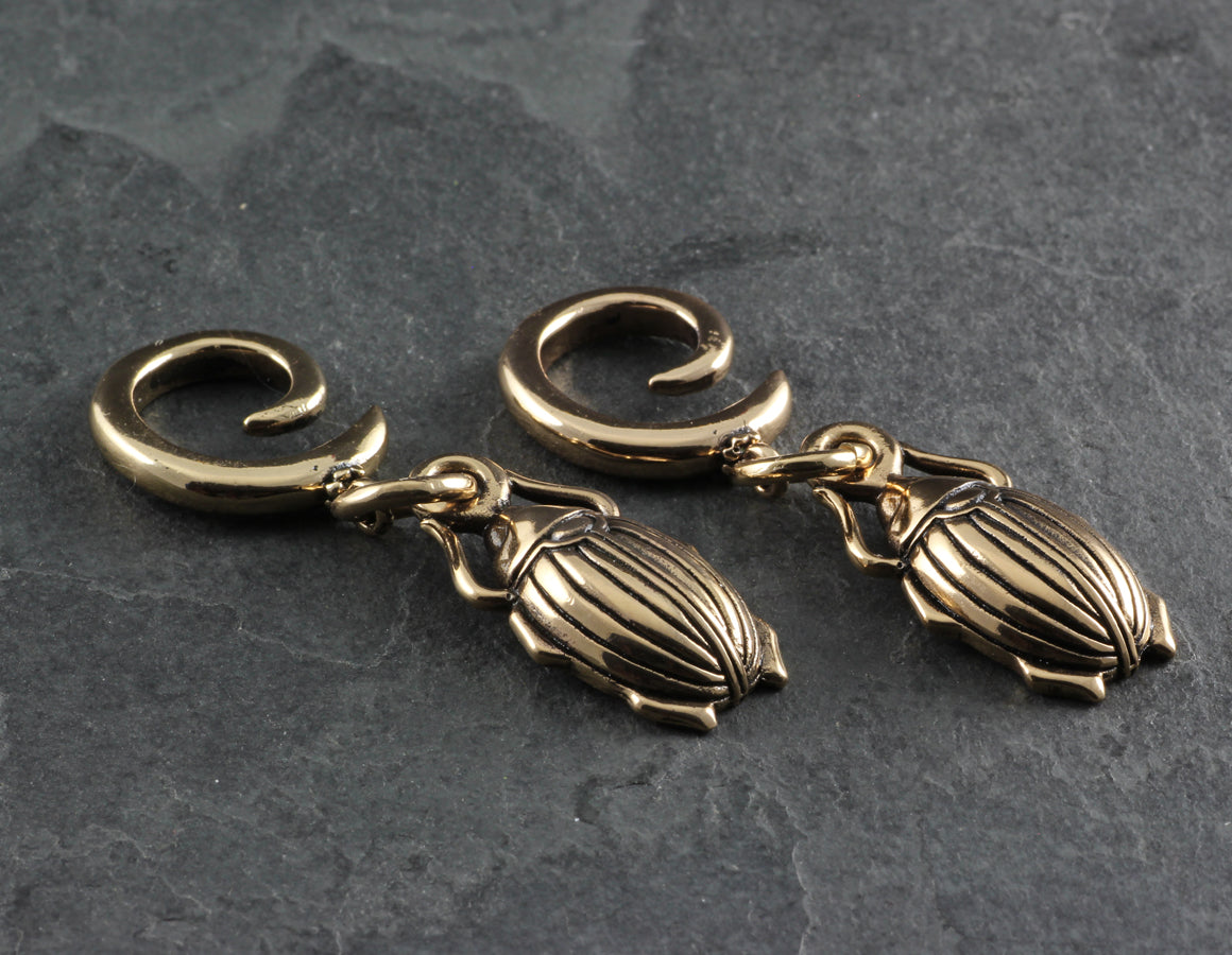 Scarab Beetle Gauged Spiral Earrings - Bronze