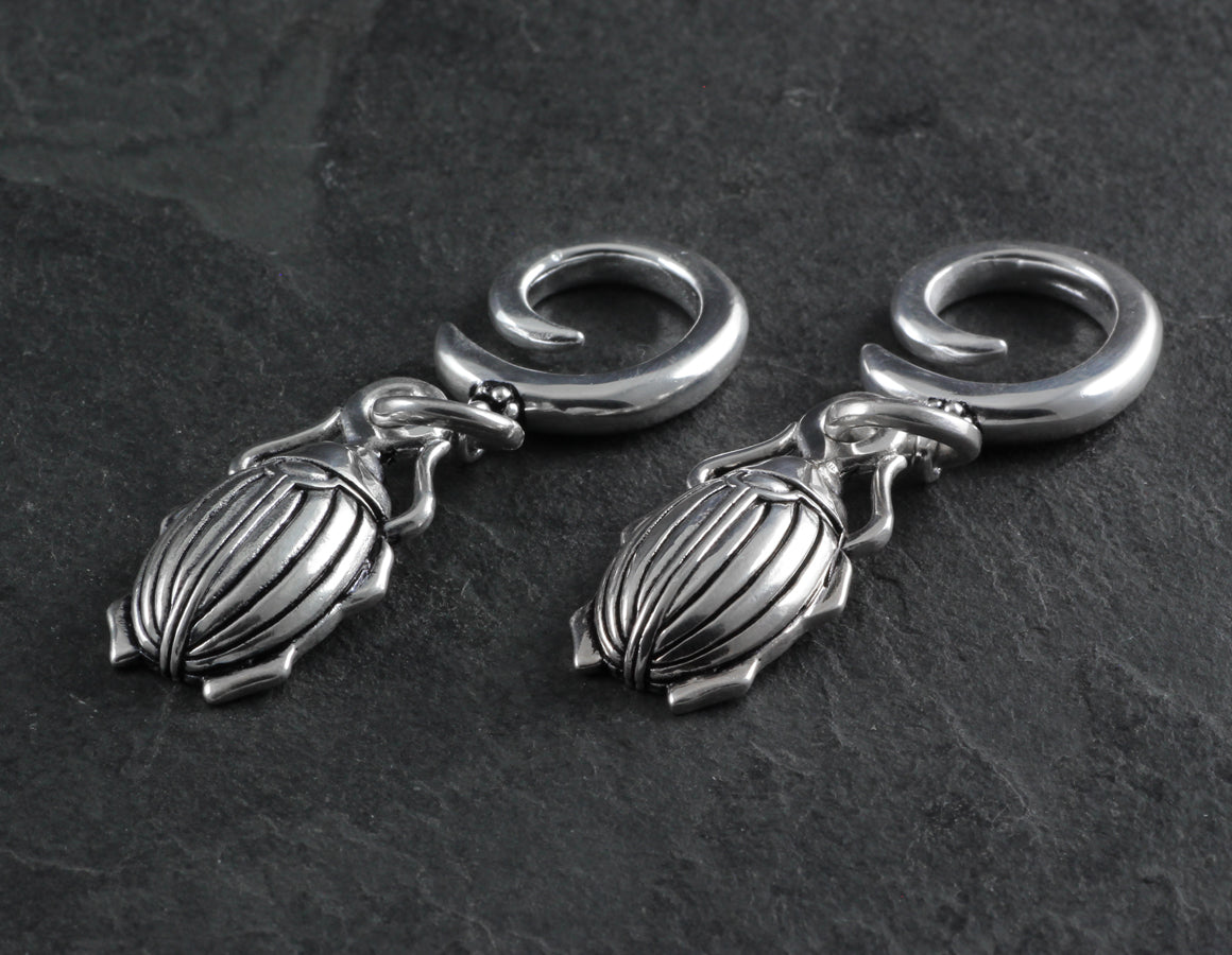 Scarab Beetle Gauged Spiral Earrings - Silver