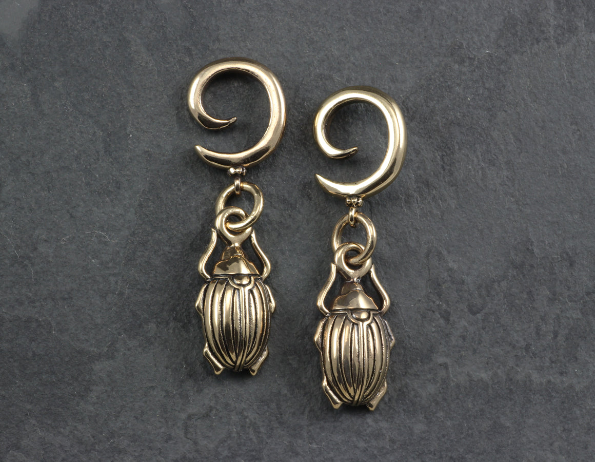 Scarab Beetle Gauged Spiral Earrings - Bronze