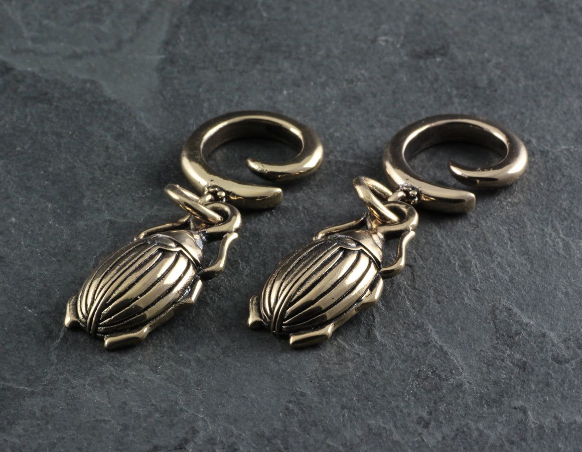 Scarab Beetle Gauged Spiral Earrings - Bronze