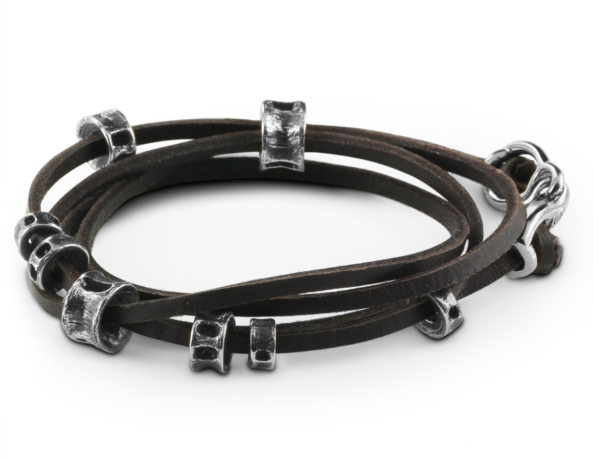 Shark Vertebrae Leather Bracelet in Silver - shown on brown leather