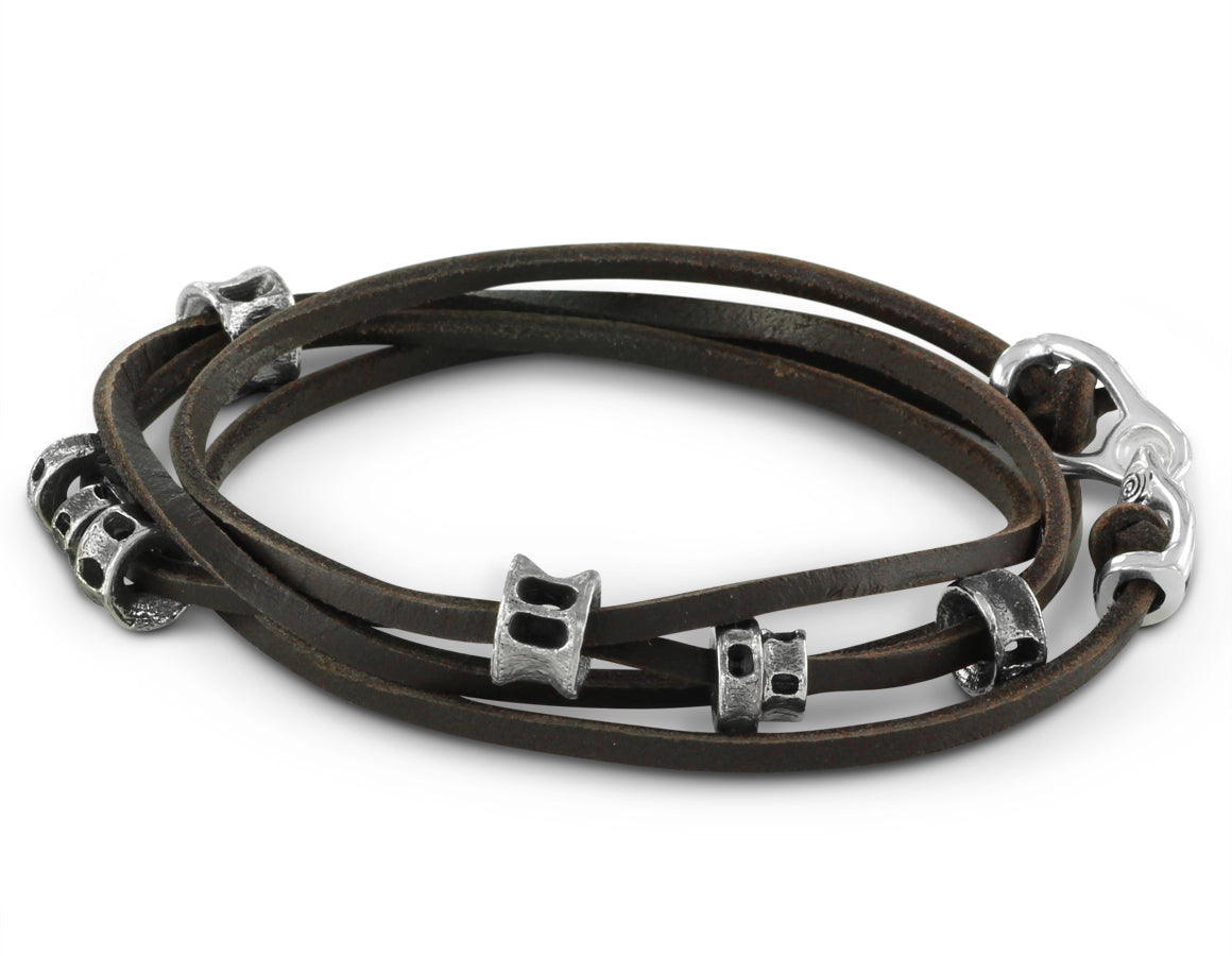 Shark Vertebrae Leather Bracelet in Silver - shown on brown leather