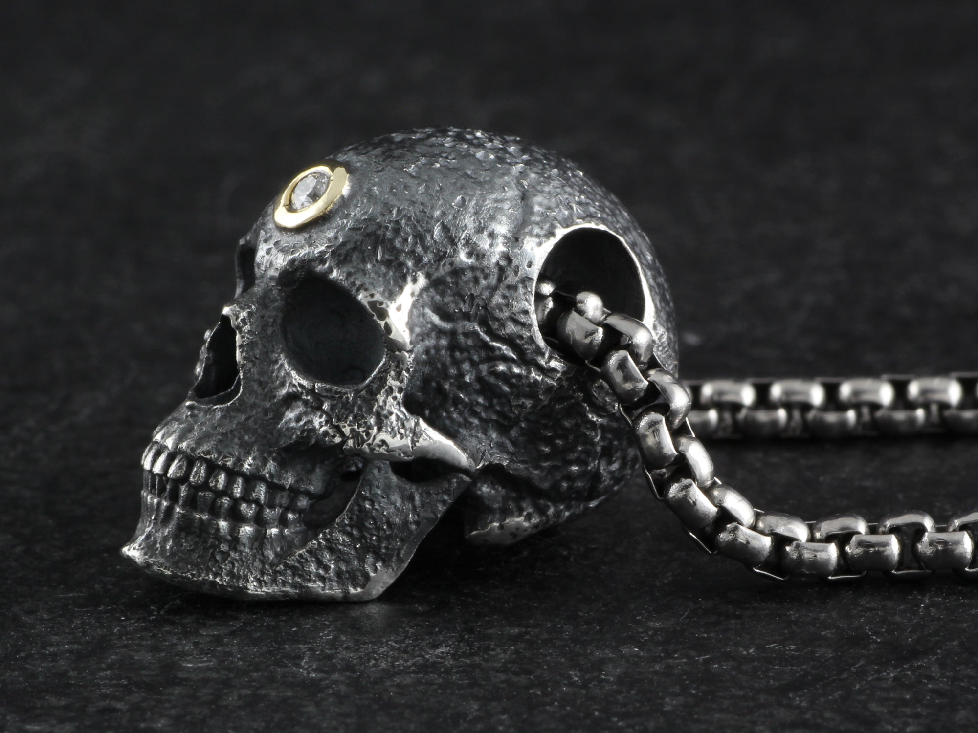 Sterling Silver Human Skull Necklace with 10k Gold & Diamond