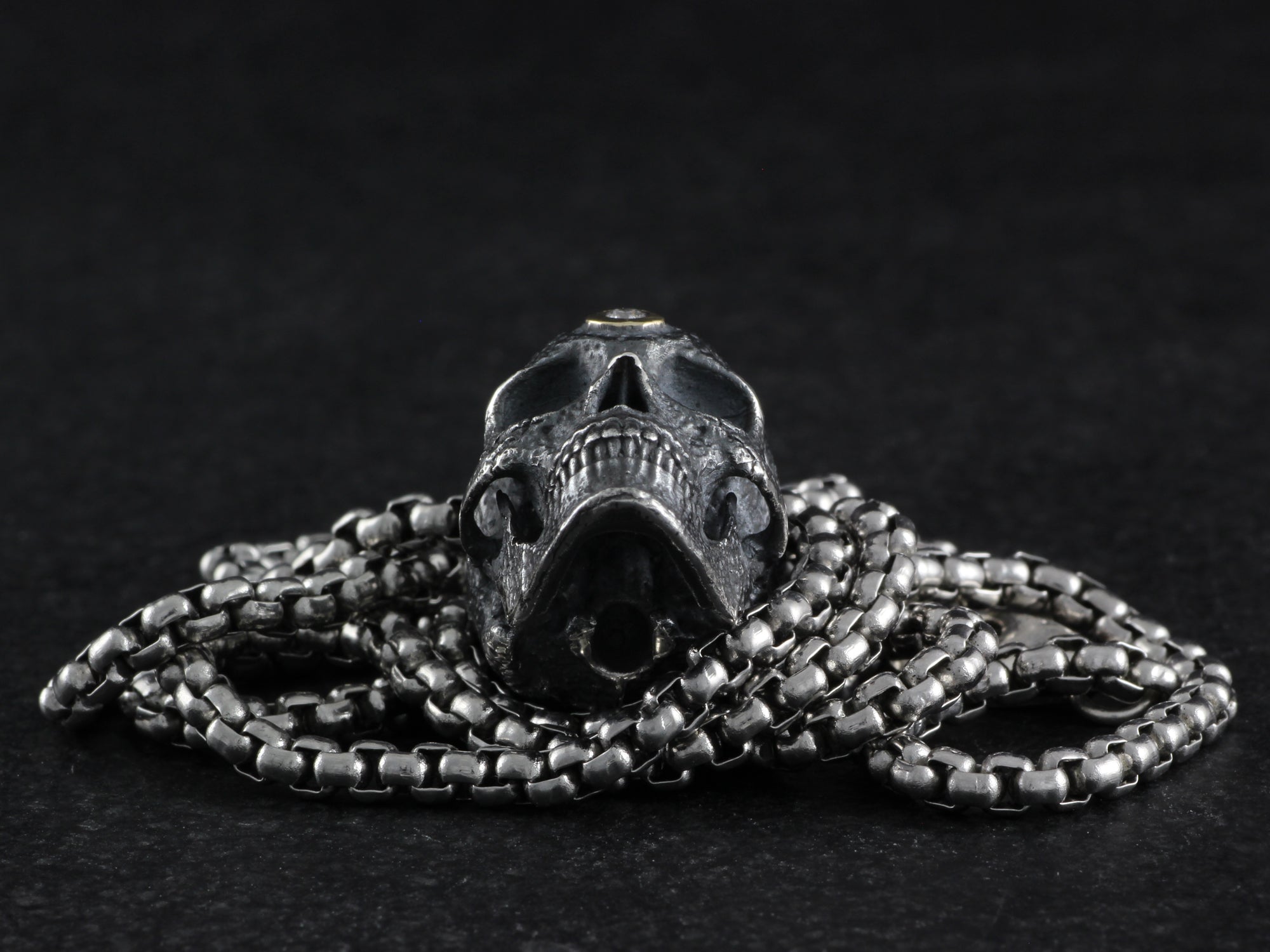 Sterling Silver Human Skull Necklace with 10k Gold & Diamond