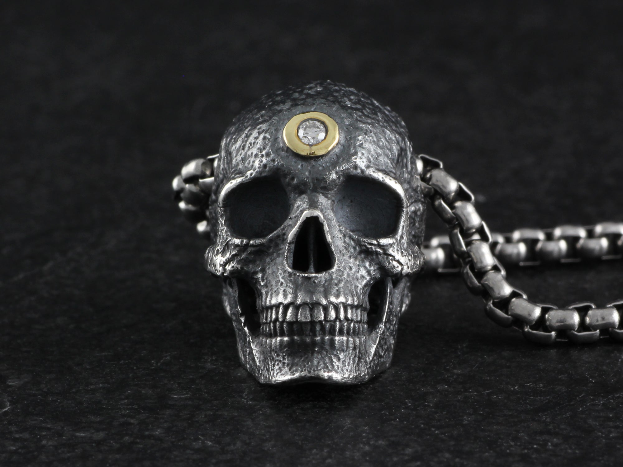 Sterling Silver Human Skull Necklace with 10k Gold & Diamond