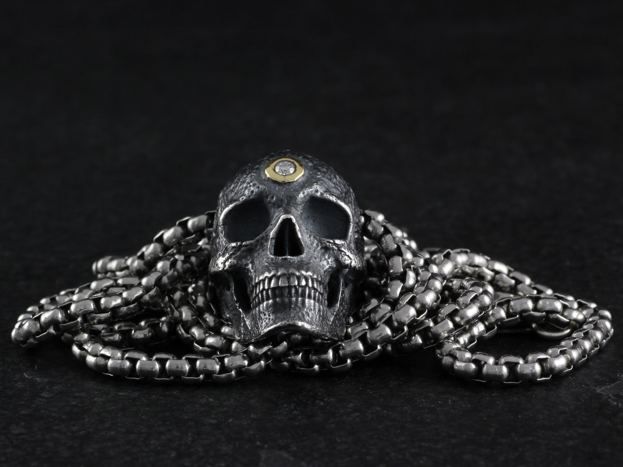 Sterling Silver Human Skull Necklace with 10k Gold & Diamond