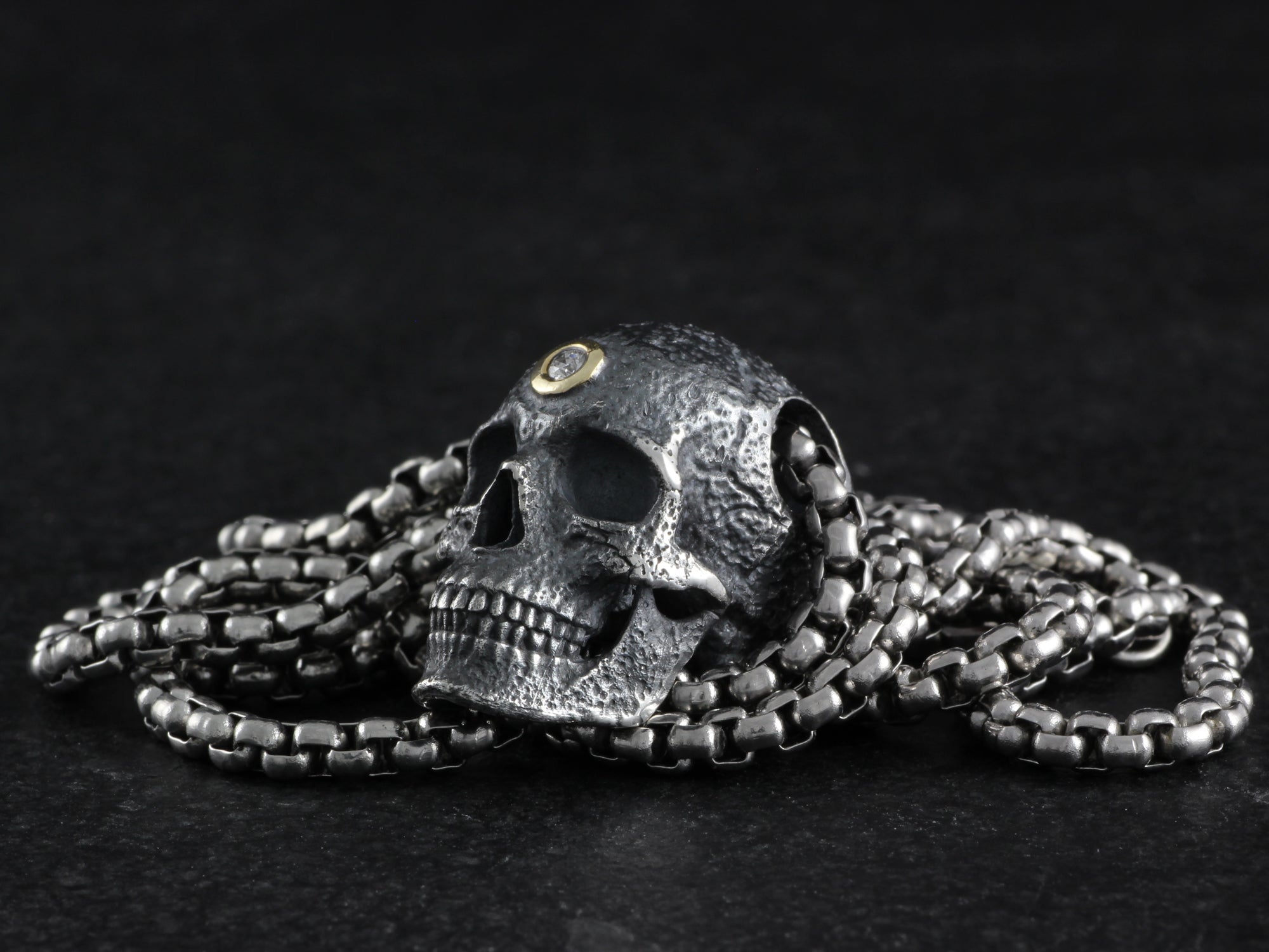 Sterling Silver Human Skull Necklace with 10k Gold & Diamond