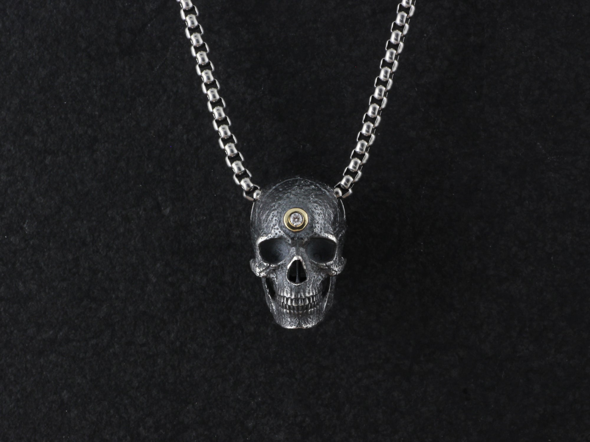 Sterling Silver Human Skull Necklace with 10k Gold & Diamond