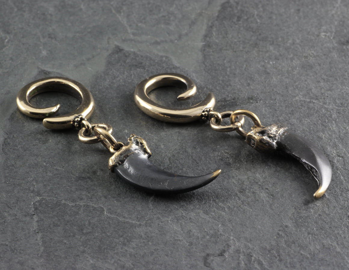 Wolf Claw Gauged Spiral Earrings - Bronze