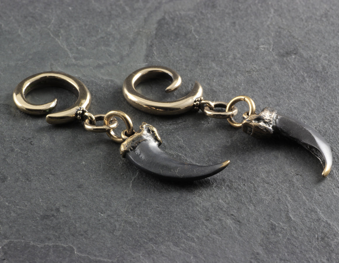 Wolf Claw Gauged Spiral Earrings - Bronze